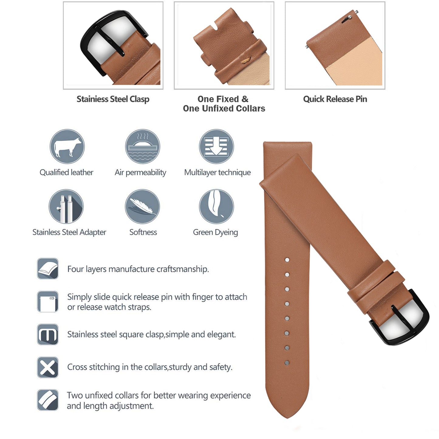 Boshek Solid Brown Genuine Leather Black Buckle Watch Strap for Quick Release and Self Changeable FS339
