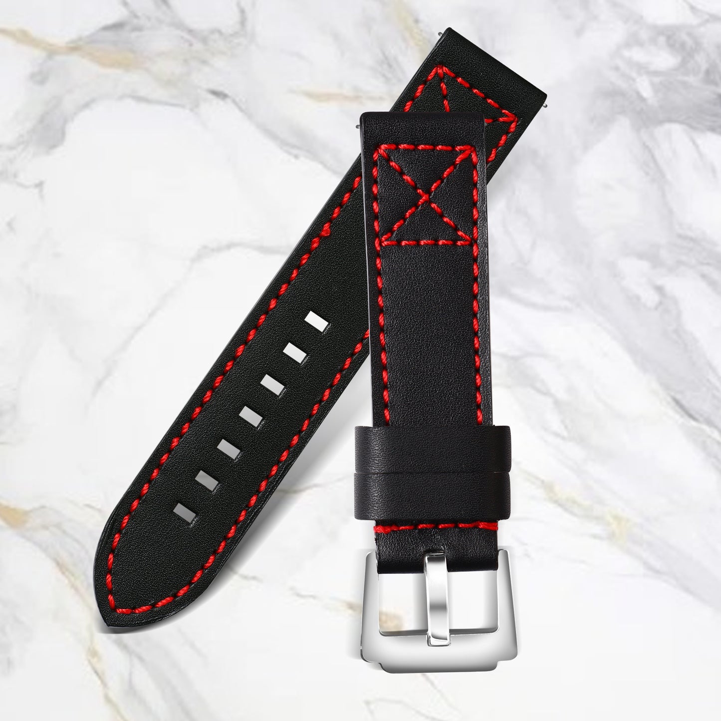 Boshek Black Genuine Leather Double Red Stitch Design Watch Strap. Silver Buckle Quick Release and Self Changeable FS337