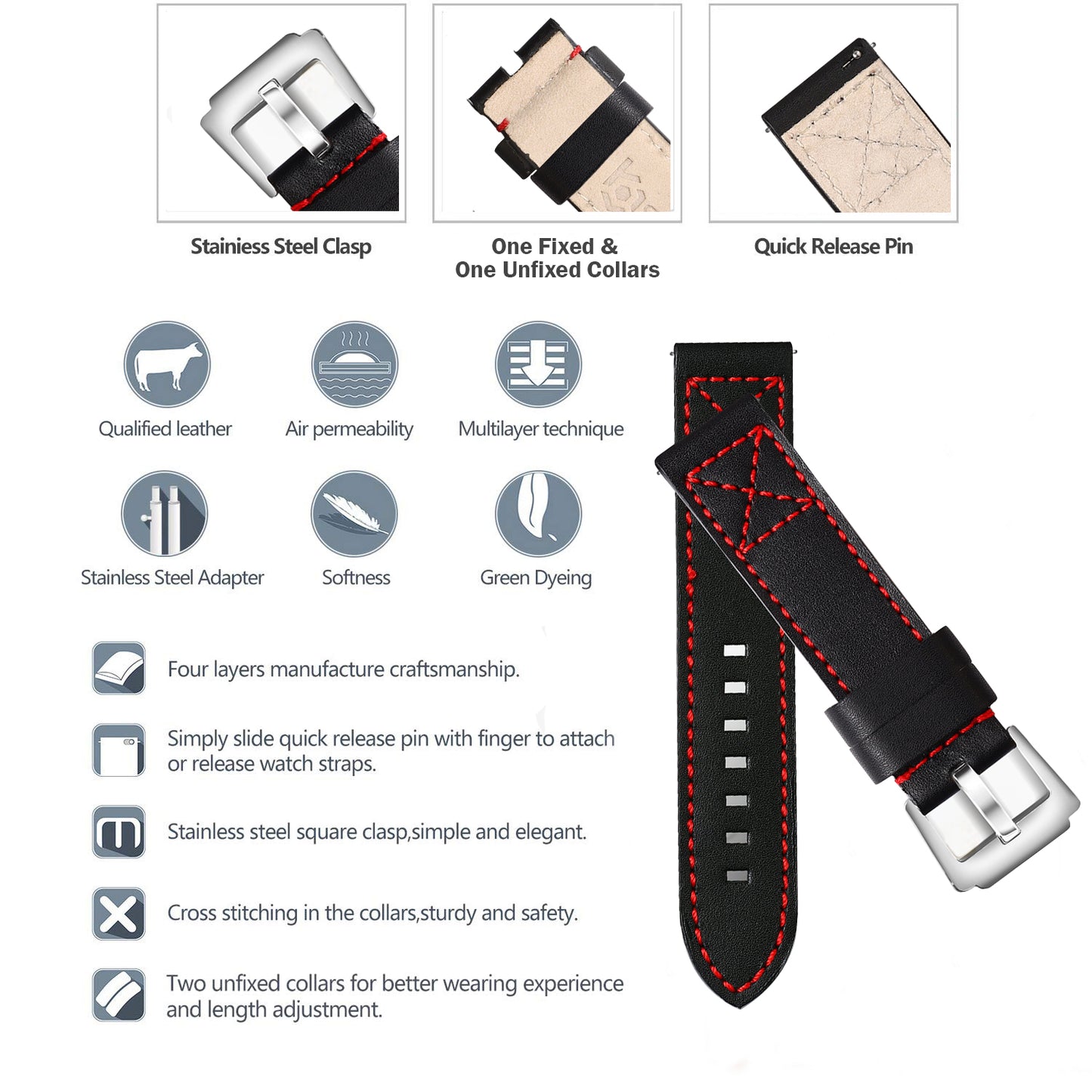Boshek Black Genuine Leather Double Red Stitch Design Watch Strap. Silver Buckle Quick Release and Self Changeable FS337