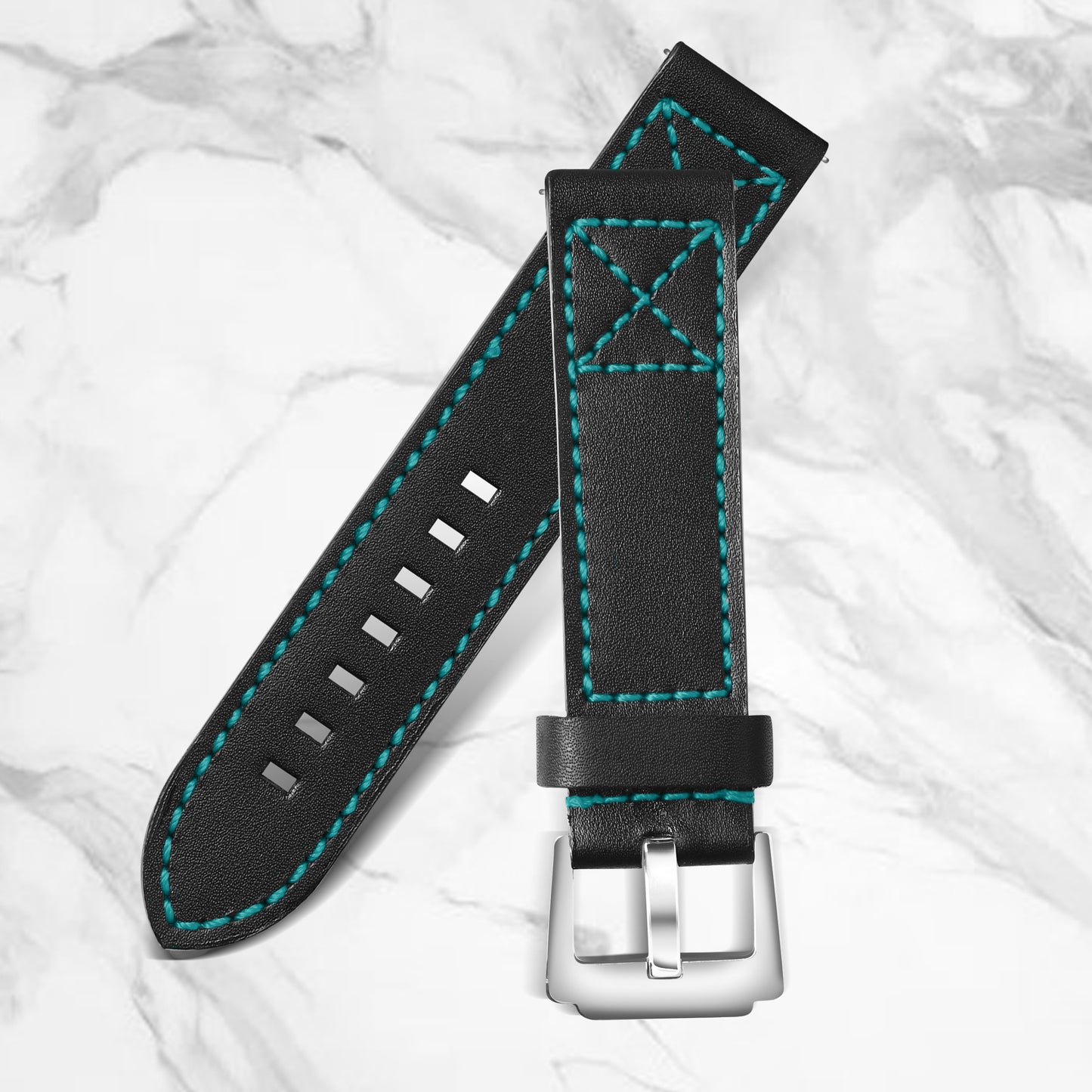 Boshek Black Genuine Leather Green Stitch Design Watch Strap. Silver Stainless Steel Buckle Self Changeable FS337-GY-22-S