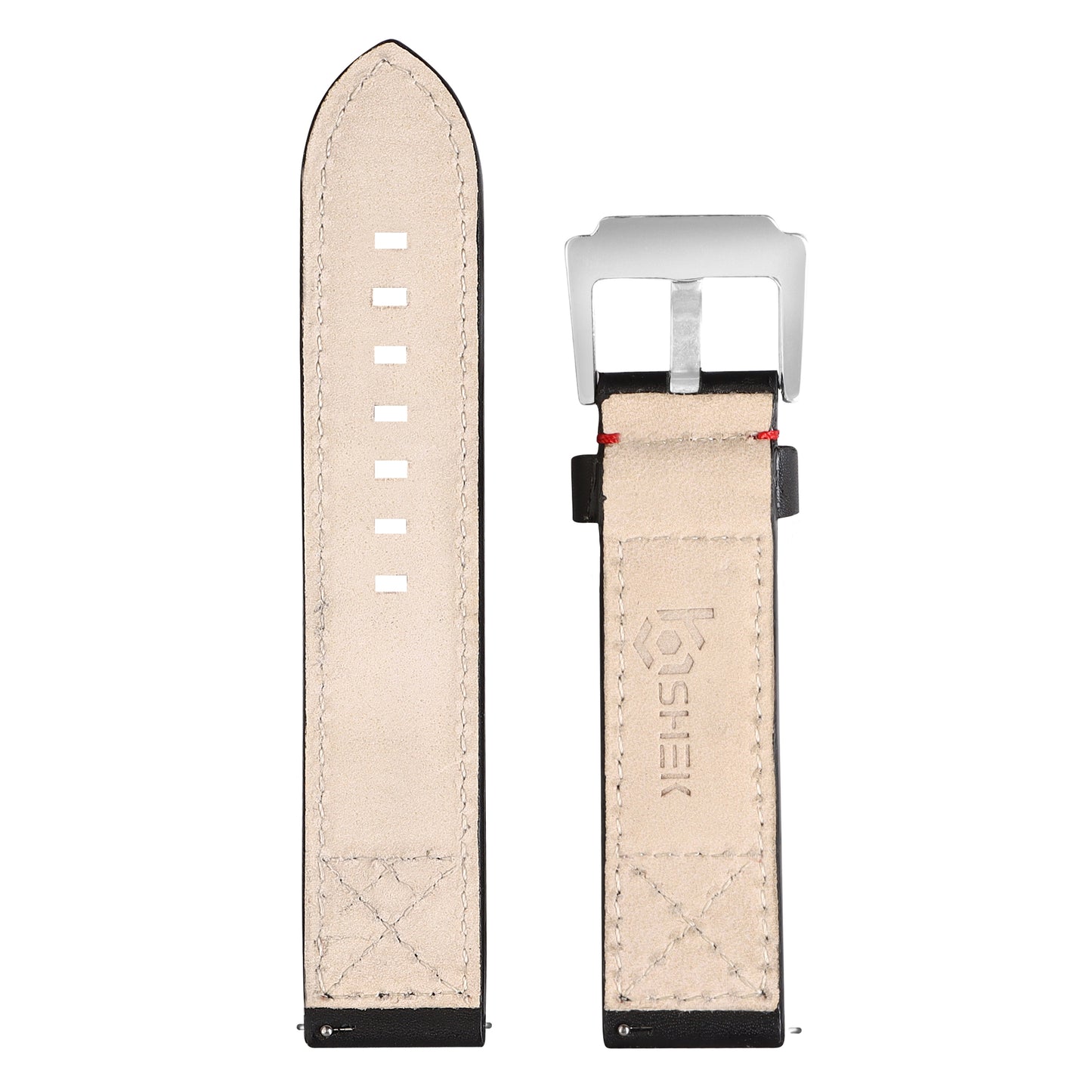 Boshek Black Genuine Leather Double Red Stitch Design Watch Strap. Silver Buckle Quick Release and Self Changeable FS337