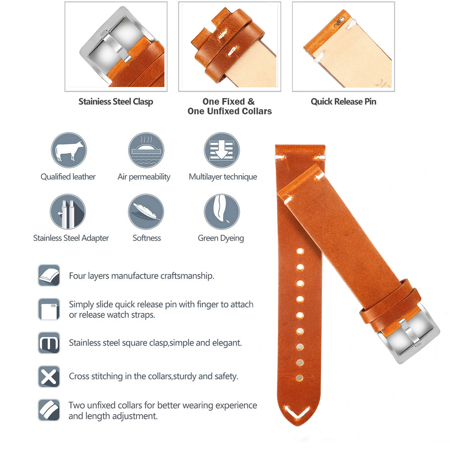 OMAX Genuine Leather Watch Strap Premium Oil Pullup Watch Strap for Quick Release and Self Changeable (Silver Buckle)