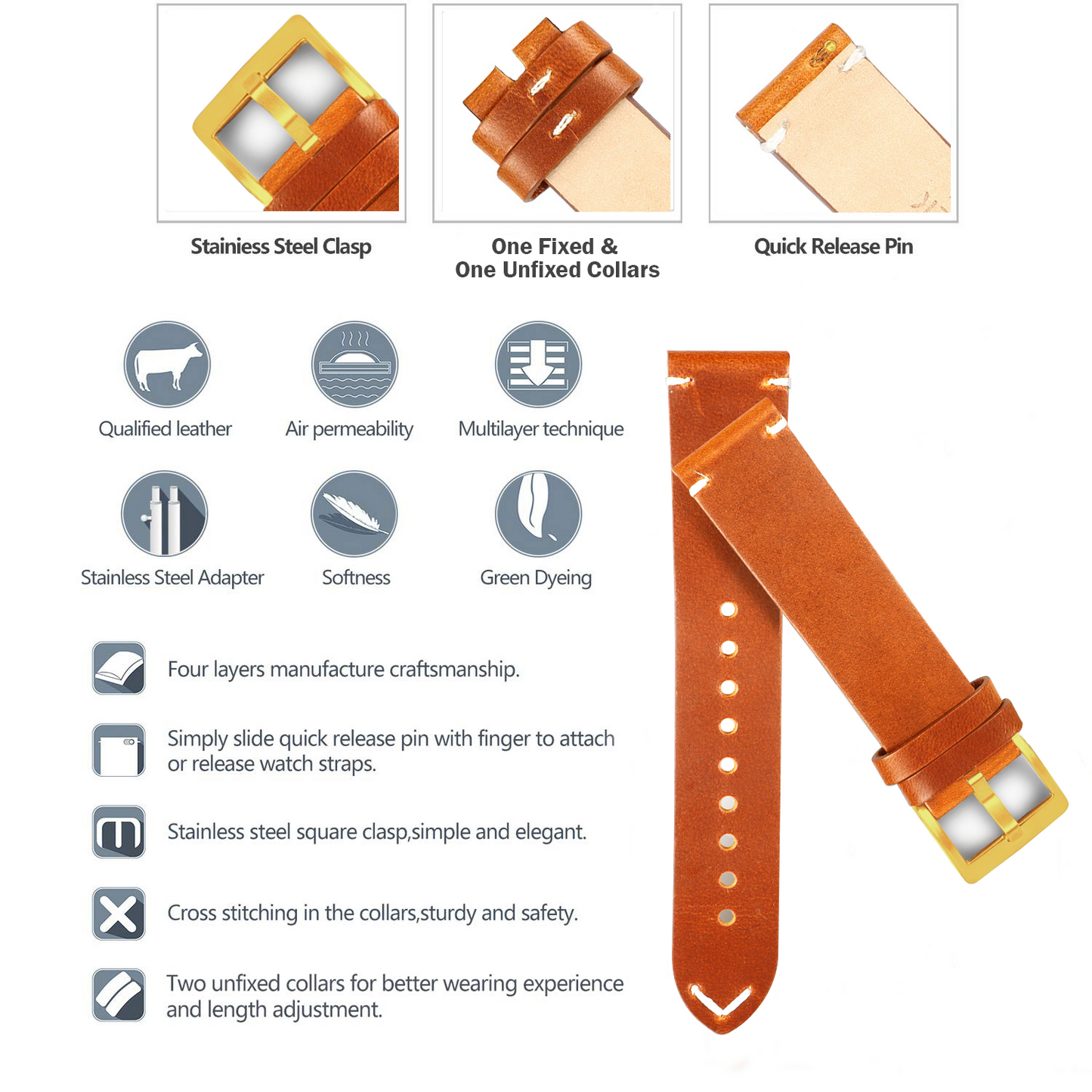 OMAX Genuine Leather Watch Strap Premium Oil Pullup Watch Strap for Quick Release and Self Changeable (Gold Buckle)