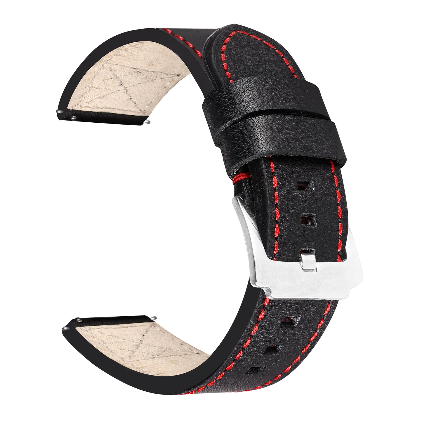 Boshek Black Genuine Leather Double Red Stitch Design Watch Strap. Silver Buckle Quick Release and Self Changeable FS337