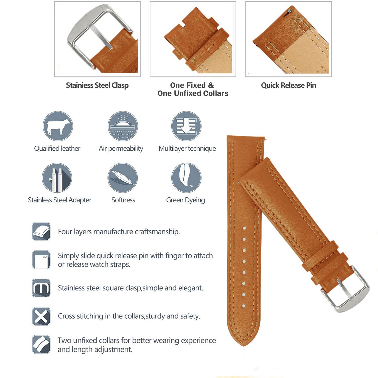 Boshek Tan Solid Genuine Leather Watch Strap for Quick Release and Self Changeable FS347-TN-22-S