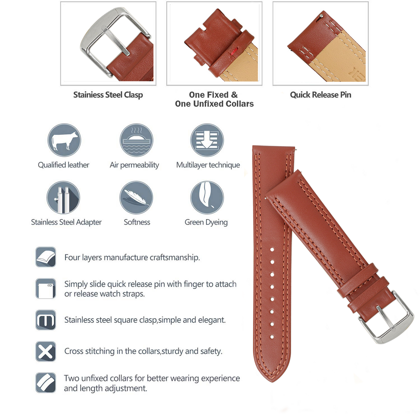Boshek Tan Solid Genuine Leather Watch Strap for Quick Release and Self Changeable FS347