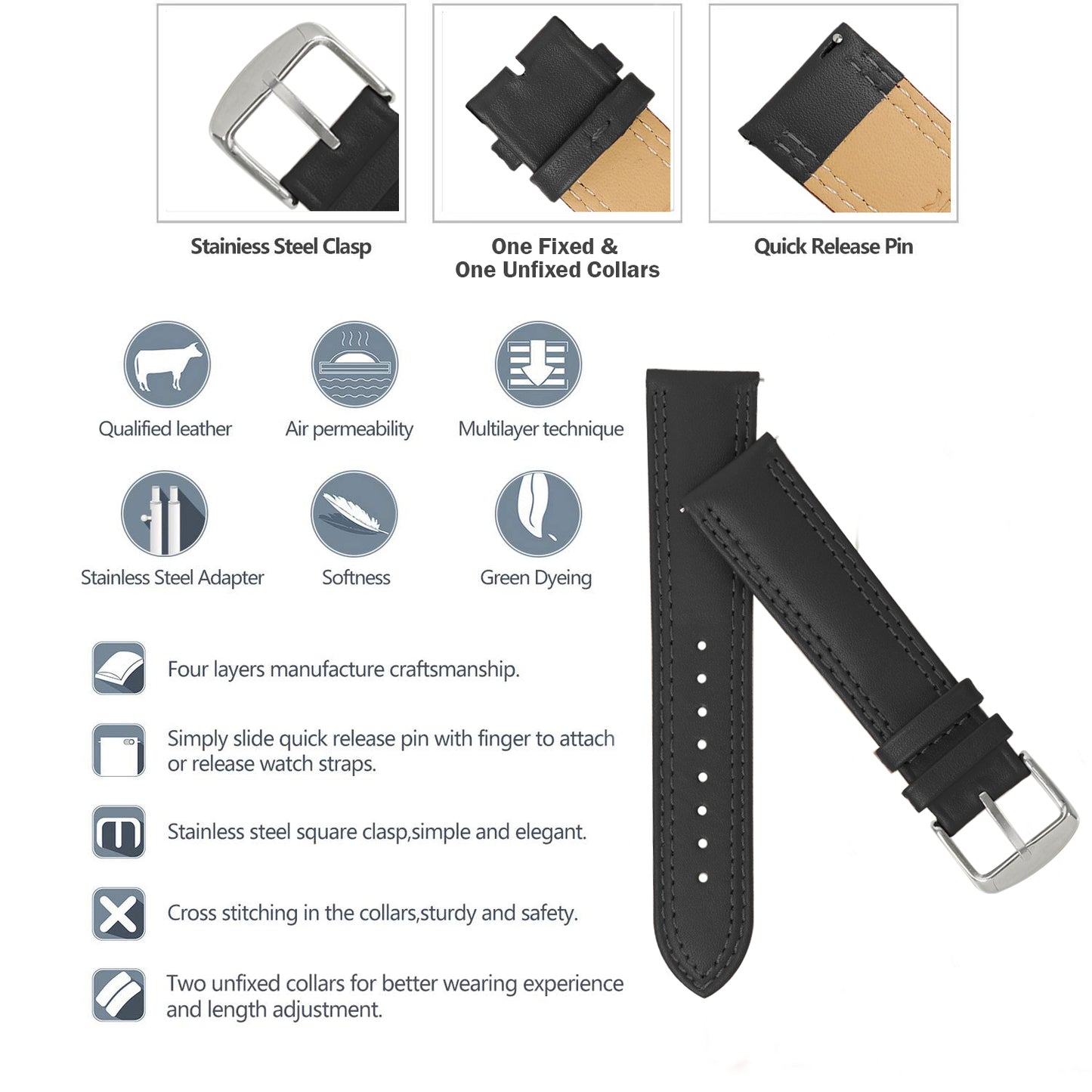 Boshek Black Solid Genuine Leather Watch Strap for Quick Release and Self Changeable FS347