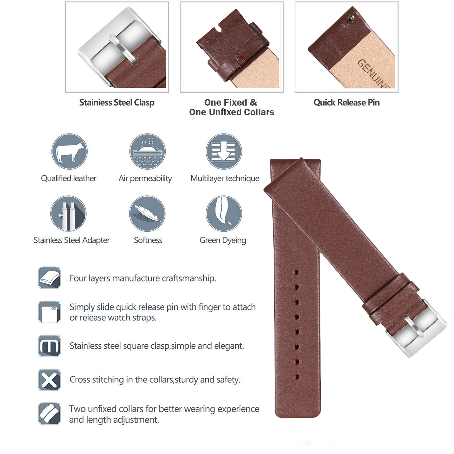 Boshek Brown Color Plain Genuine Leather Watch Strap FS370. Silver buckle Quick Release and Self Changeable 20mm