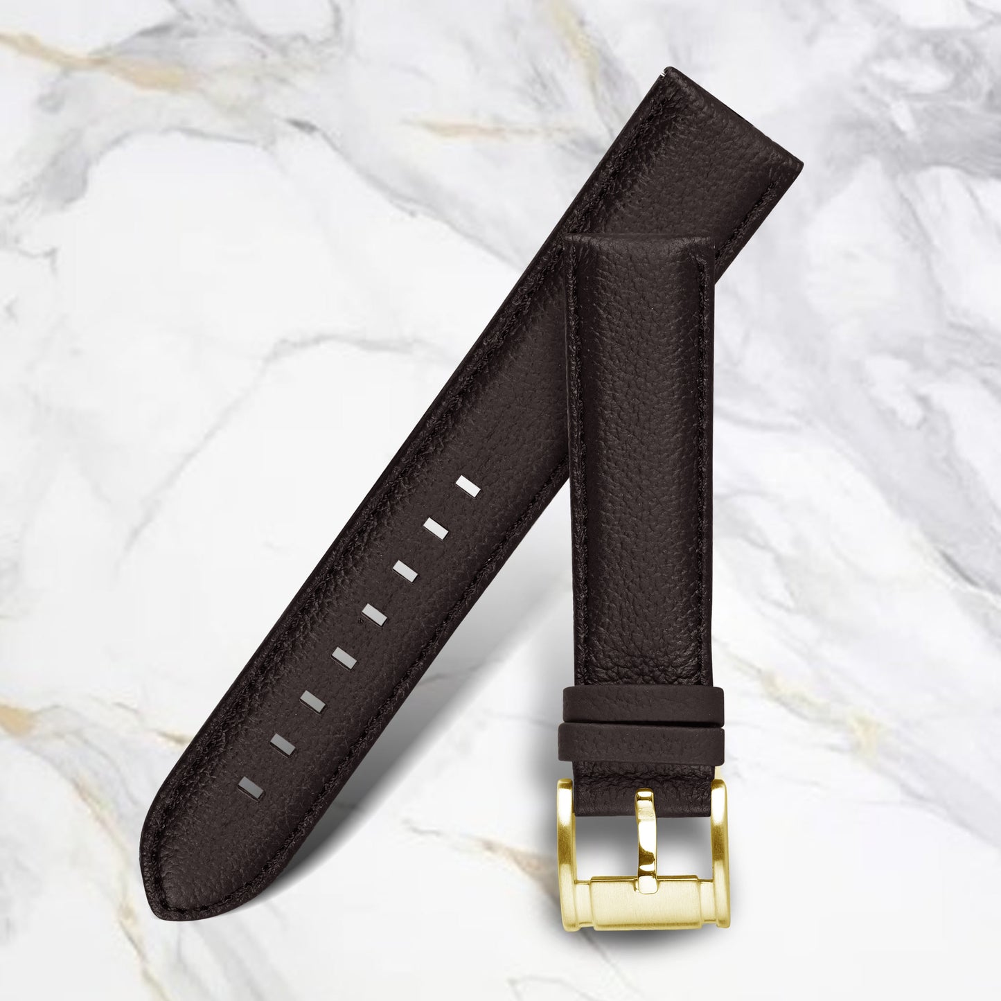 Boshek Brown Genuine Leather,Golden Buckle Watch Strap for Quick Release and Self Changeable FS344