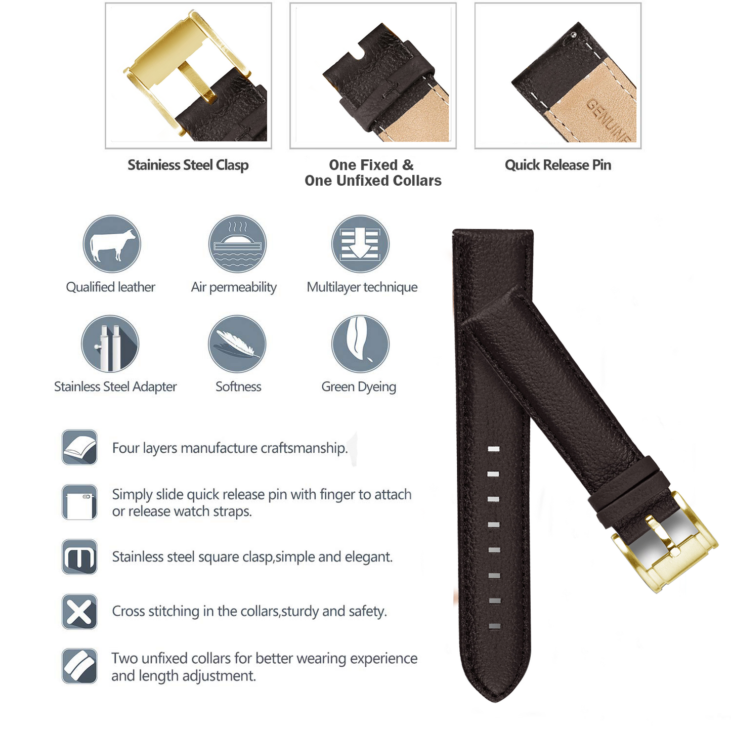 Boshek Brown Genuine Leather,Golden Buckle Watch Strap for Quick Release and Self Changeable FS344