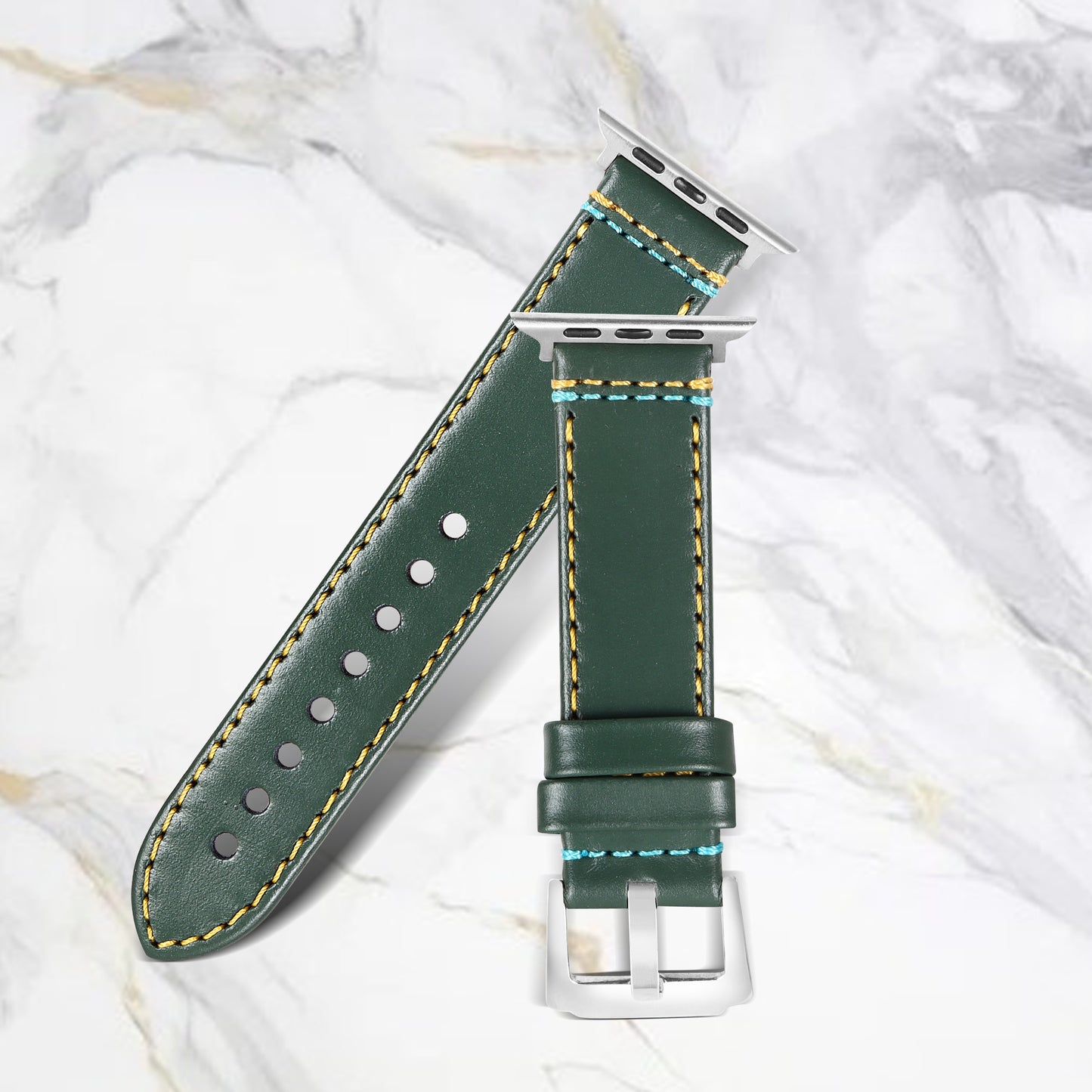 Boshek Green Genuine Leather Double Yellow and Blue Stitch Design Watch Strap. Silver Stainless Steel Buckle Self Changeable FS307