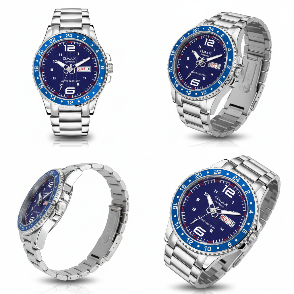Omax Blue Dial Day Date Silver Steel Bracelet Watch for Men – 45mm | SS374