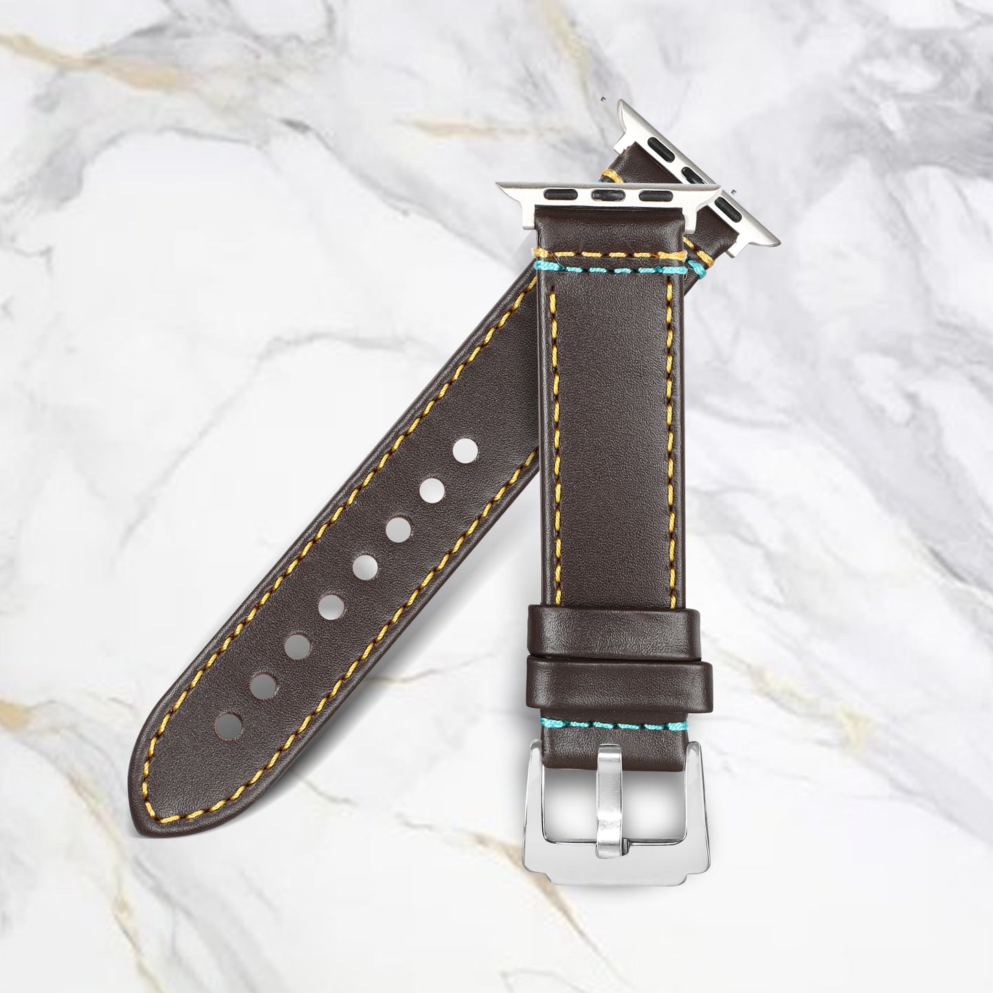 Boshek Brown Genuine Leather Double Yellow and Blue Stitch Design Watch Strap. Silver Stainless Steel Buckle Self Changeable FS307