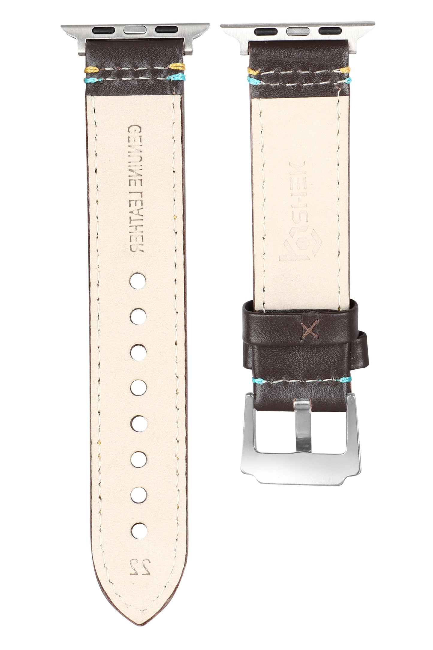 Boshek Brown Genuine Leather Double Yellow and Blue Stitch Design Watch Strap. Silver Stainless Steel Buckle Self Changeable FS307