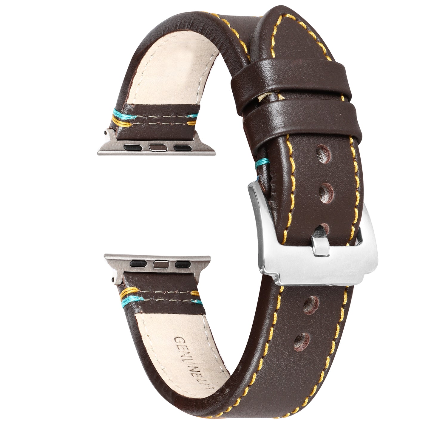 Boshek Brown Genuine Leather Double Yellow and Blue Stitch Design Watch Strap. Silver Stainless Steel Buckle Self Changeable FS307