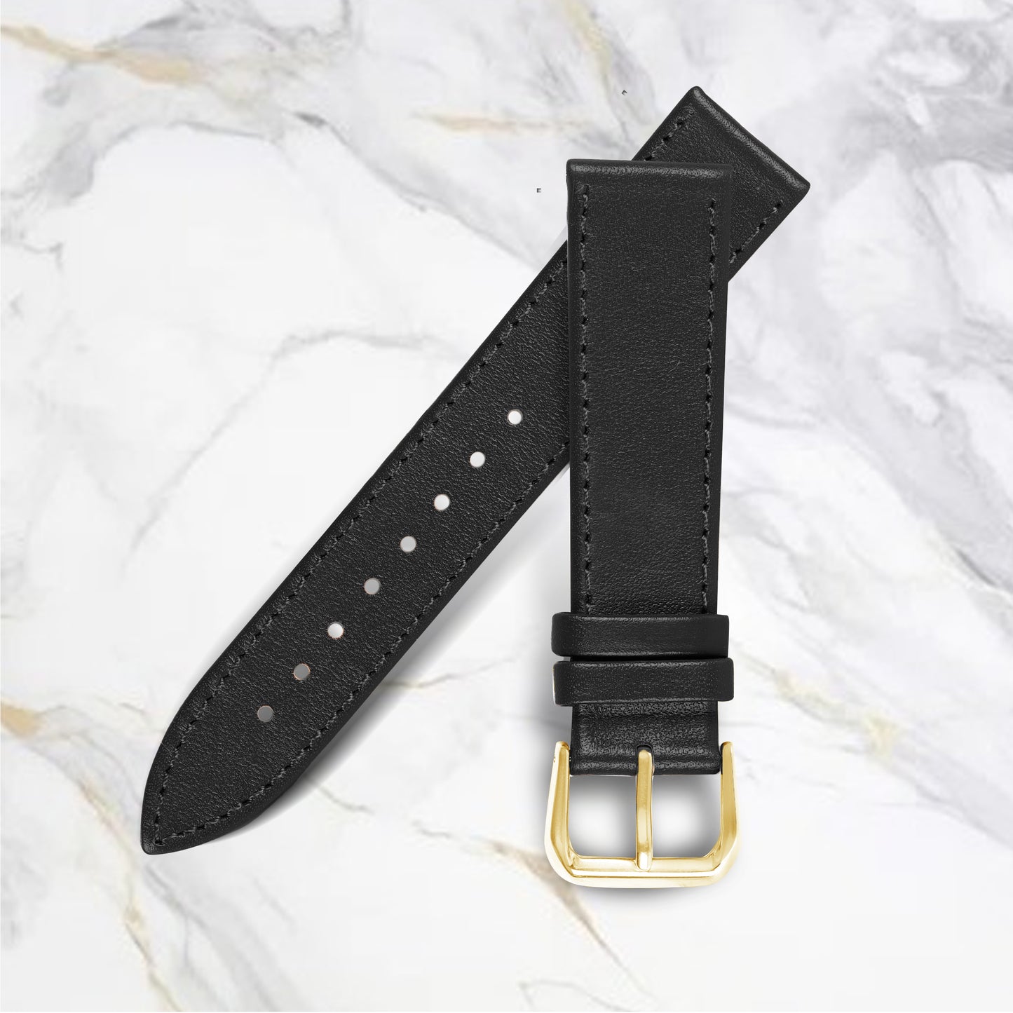 Boshek Black Color Plain Genuine Leather Watch Strap FS378. Golden buckle Quick Release and Self Changeable-20mm