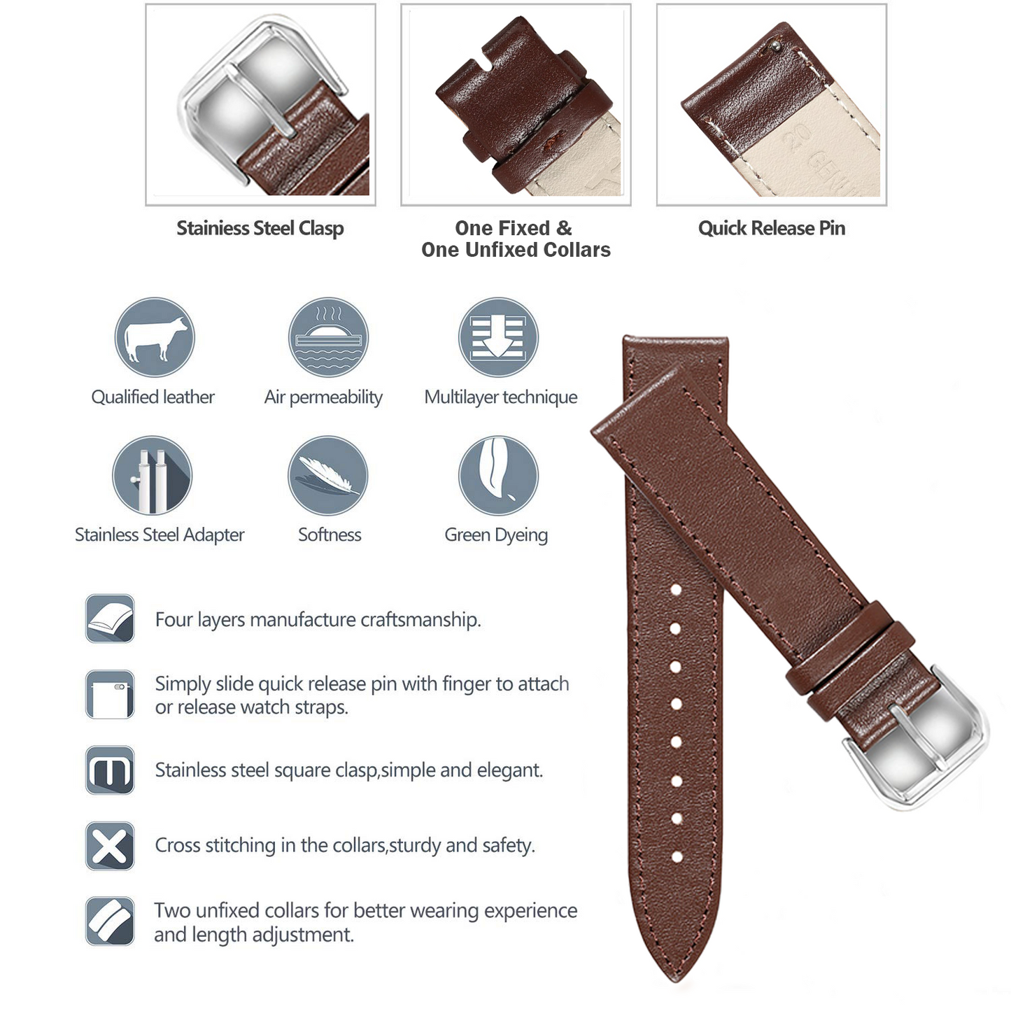 Boshek Dark Brown Plain Genuine Leather Watch Strap for Quick Release and Self Changeable FS371-DB-20-S