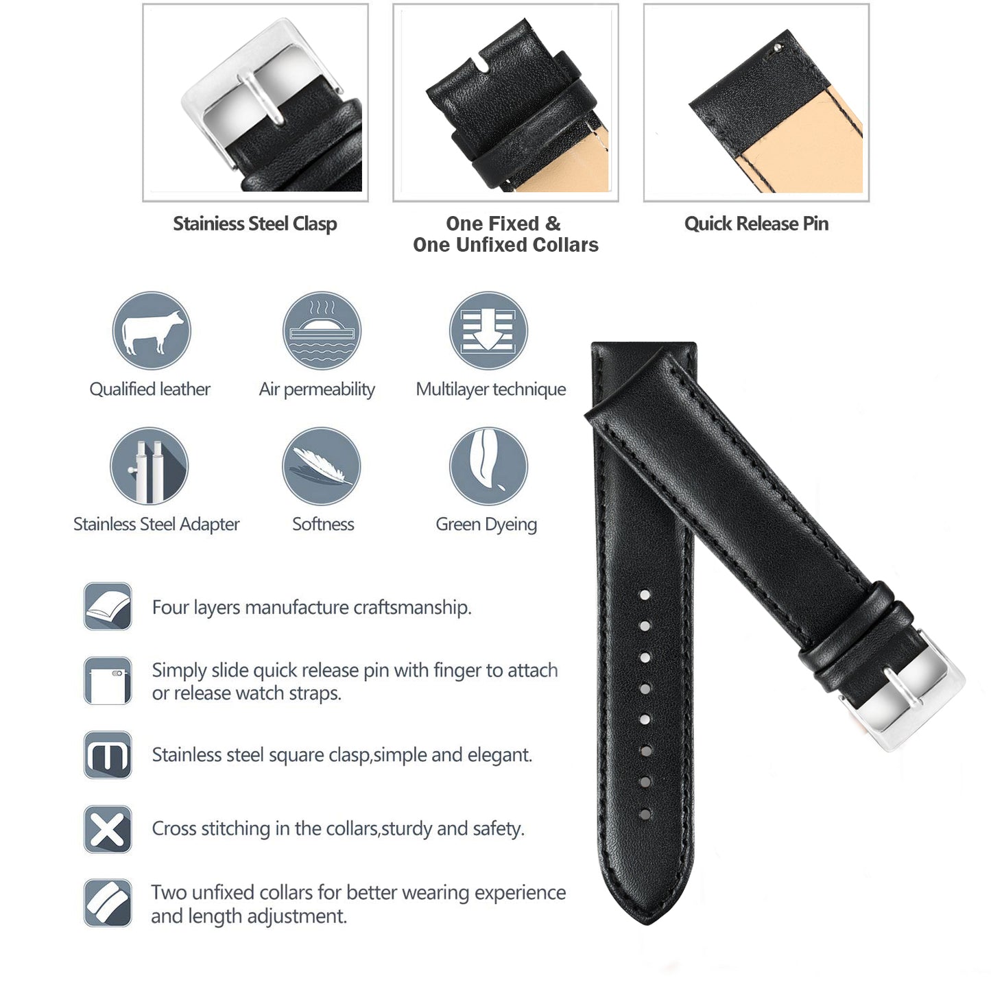 Boshek Black Solid Genuine Leather Full Padded Watch Strap for Quick Release and Self Changeable FS331-BK-22-S