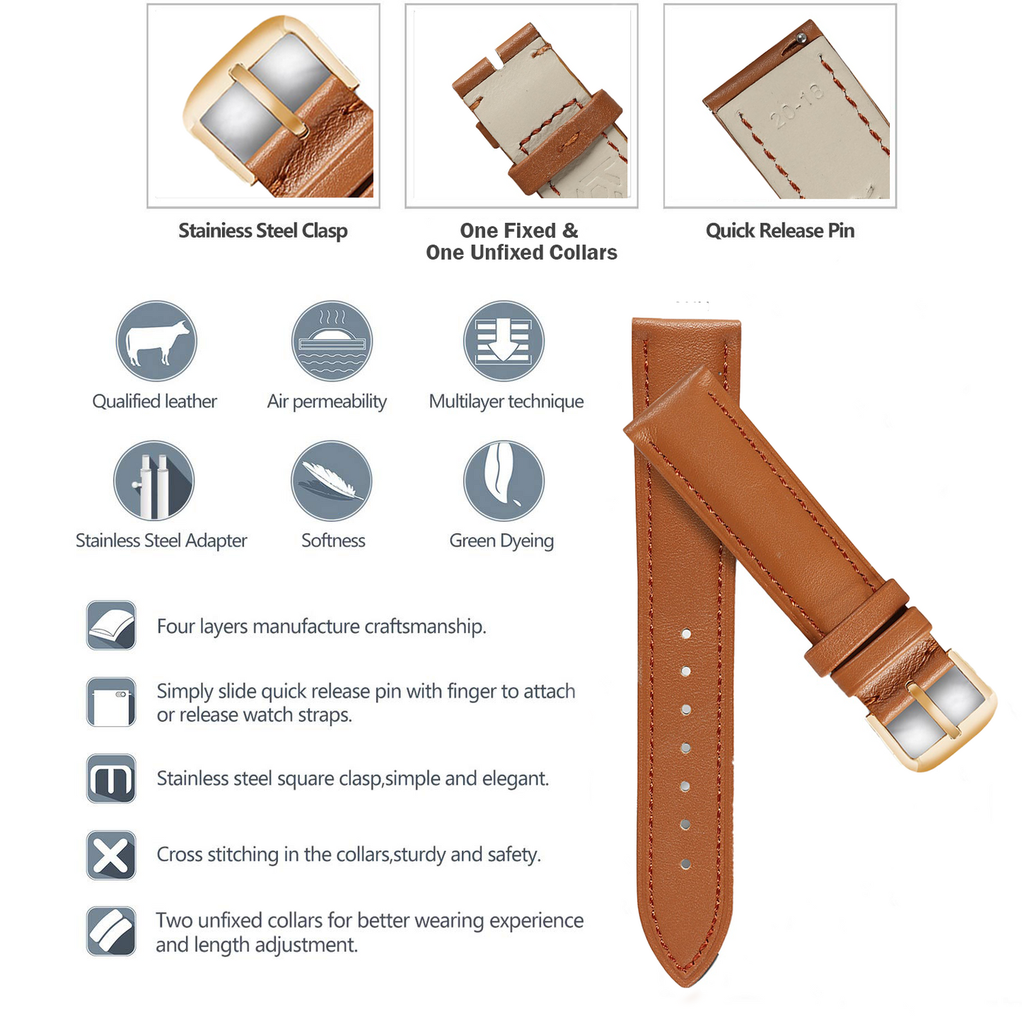 Boshek Tan Color Plain Semi Padded Genuine Leather Watch Strap FS306. Golden buckle Quick Release and Self Changeable.