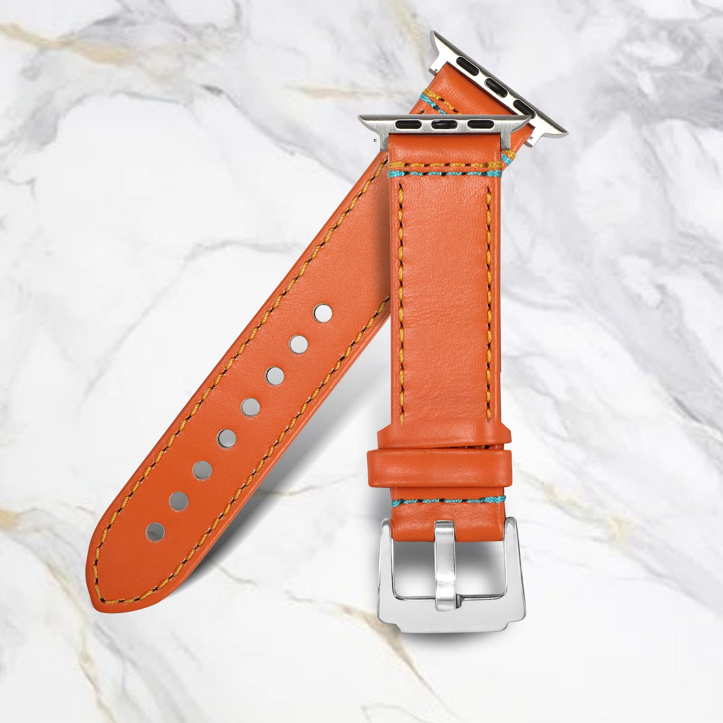 Boshek Orange Genuine Leather Double Yellow and Blue Stitch Design Watch Strap. Silver Stainless Steel Buckle Self Changeable FS307
