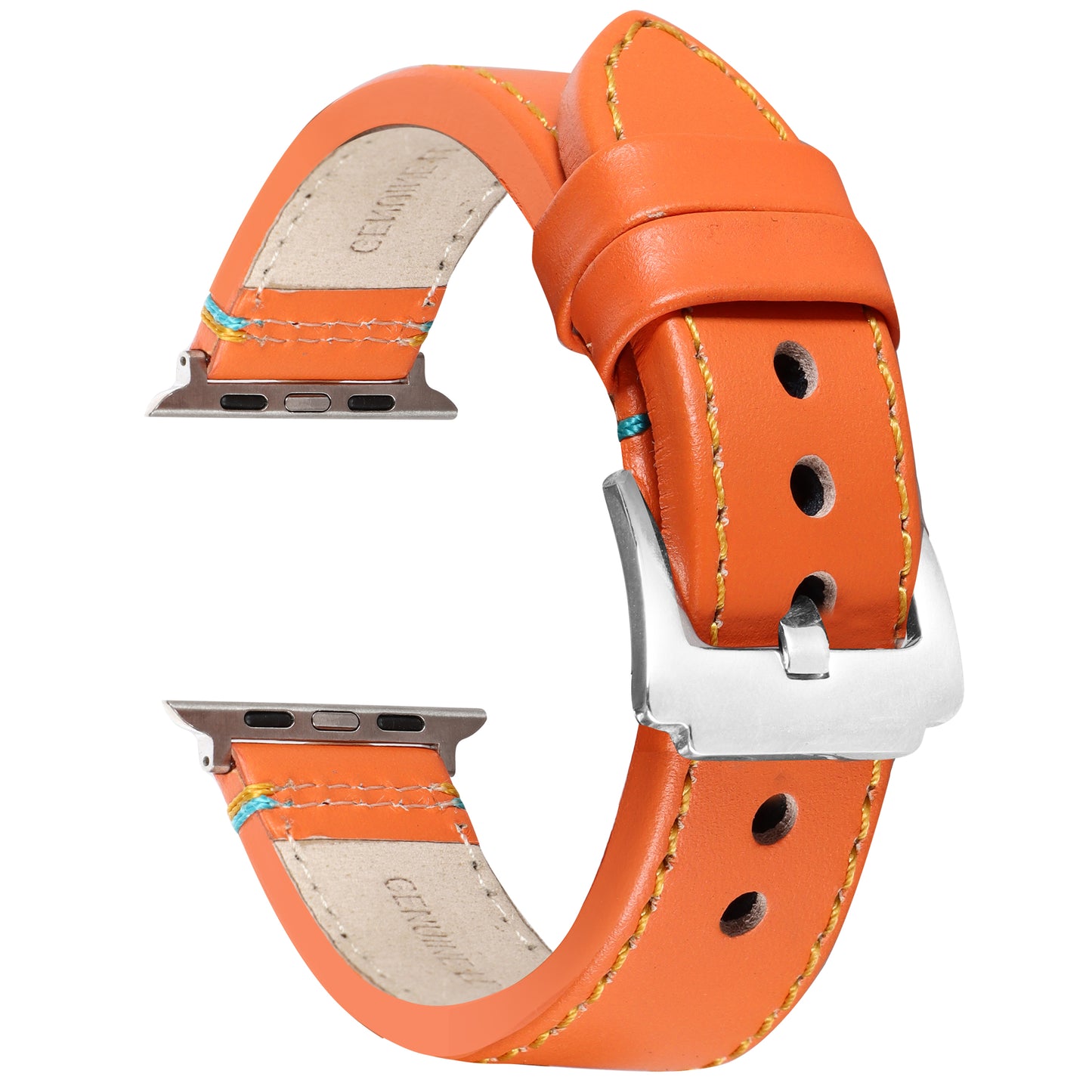 Boshek Orange Genuine Leather Double Yellow and Blue Stitch Design Watch Strap. Silver Stainless Steel Buckle Self Changeable FS307