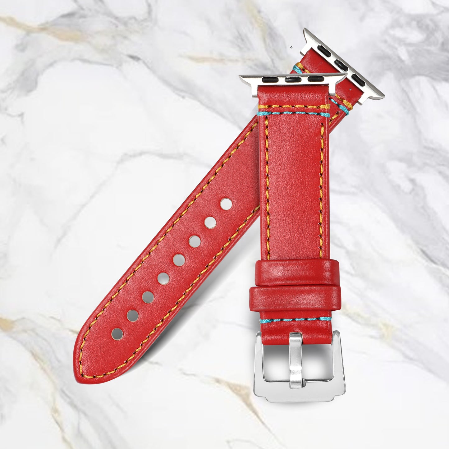 Boshek Red Genuine Leather Double Yellow and Blue Stitch Design Watch Strap. Silver Stainless Steel Buckle Self Changeable FS307