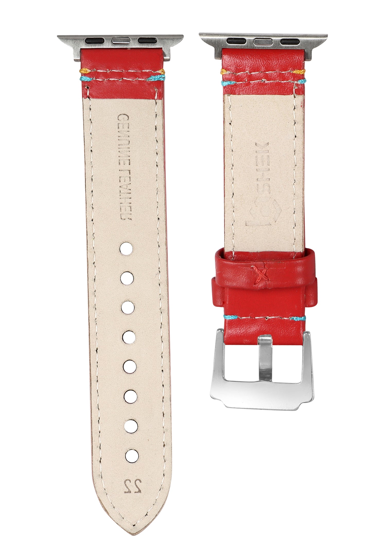 Boshek Red Genuine Leather Double Yellow and Blue Stitch Design Watch Strap. Silver Stainless Steel Buckle Self Changeable FS307