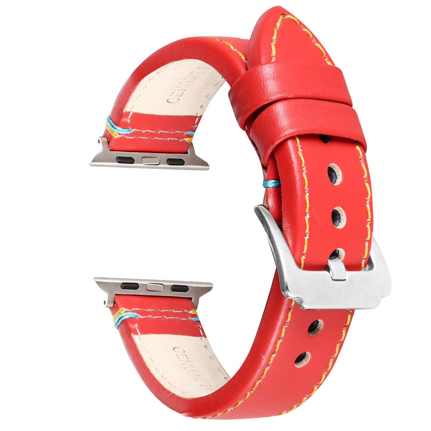 Boshek Red Genuine Leather Double Yellow and Blue Stitch Design Watch Strap. Silver Stainless Steel Buckle Self Changeable FS307