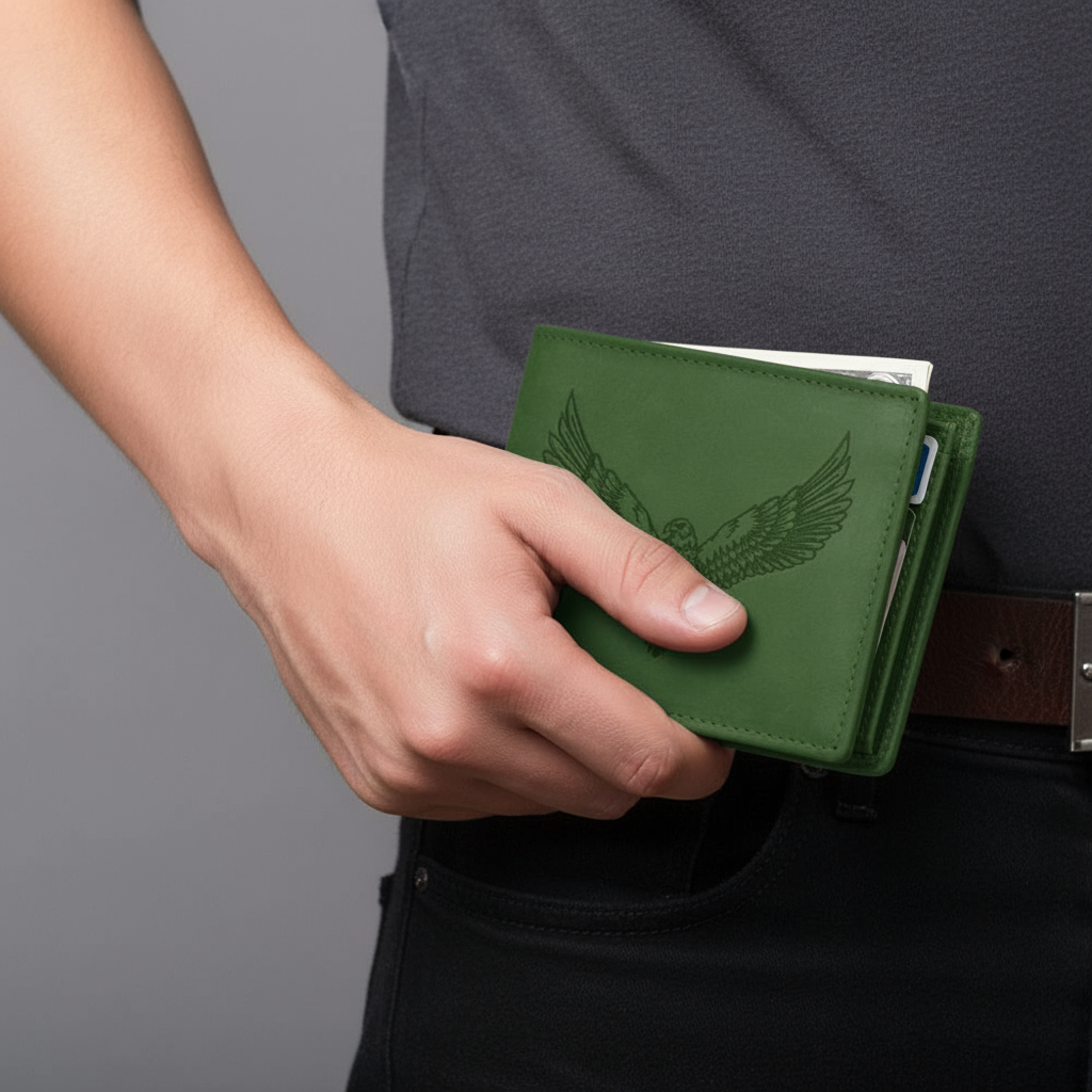 BOSHEK Green Eagle Embossed Design Hunter Leather Wallet FW253