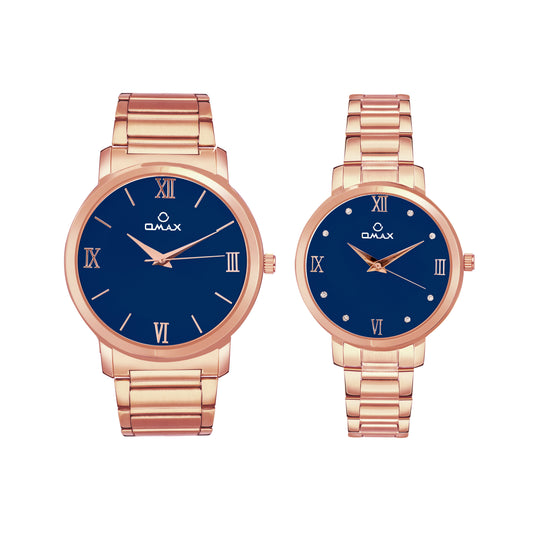 OMAX Analog Blue Dial with Rosegold Stainless Steel Strap Watch Pair for Couple -CPL03