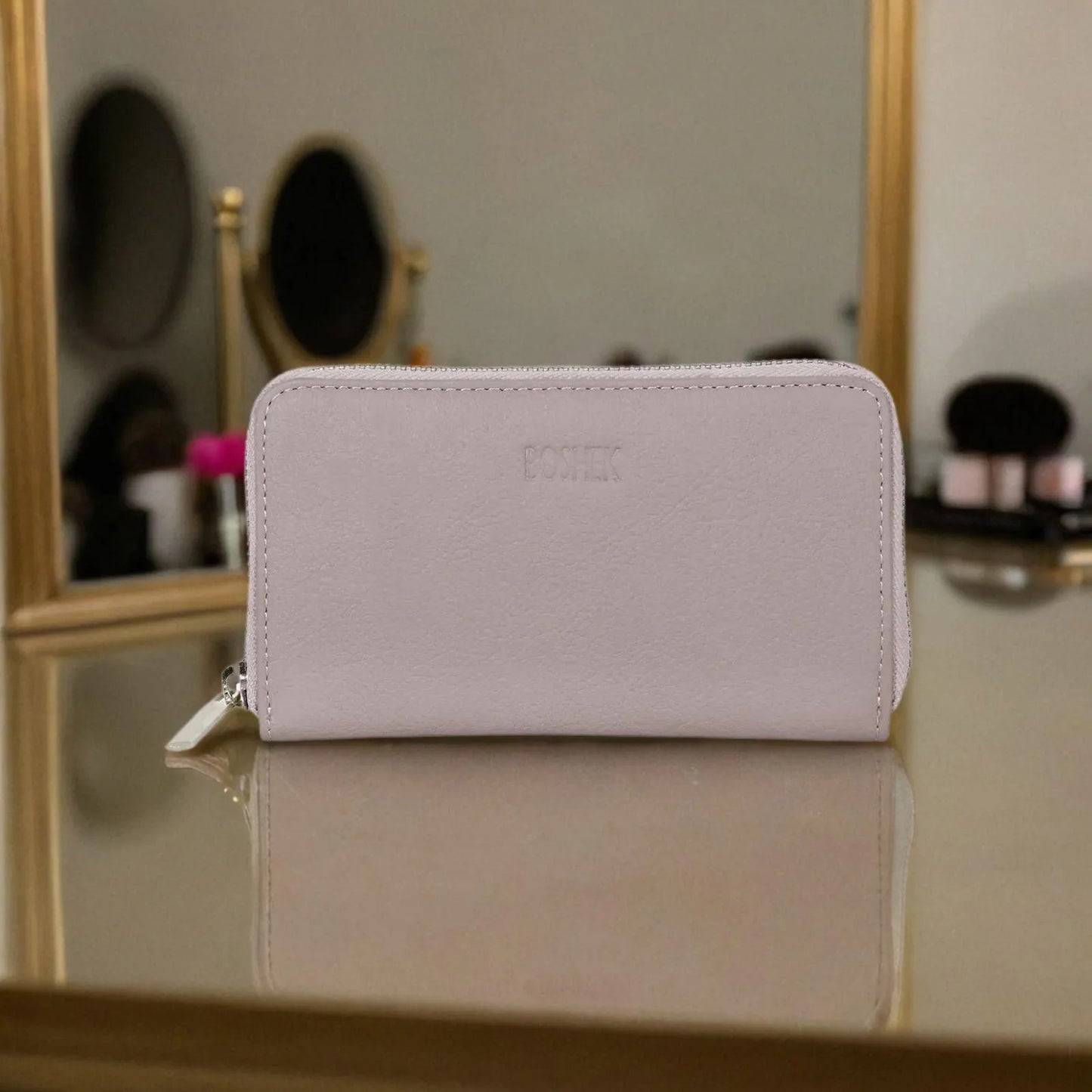 Boshek Off White Full Zipper Closure Genuine Leather Clutch Purse for Women-FWL250