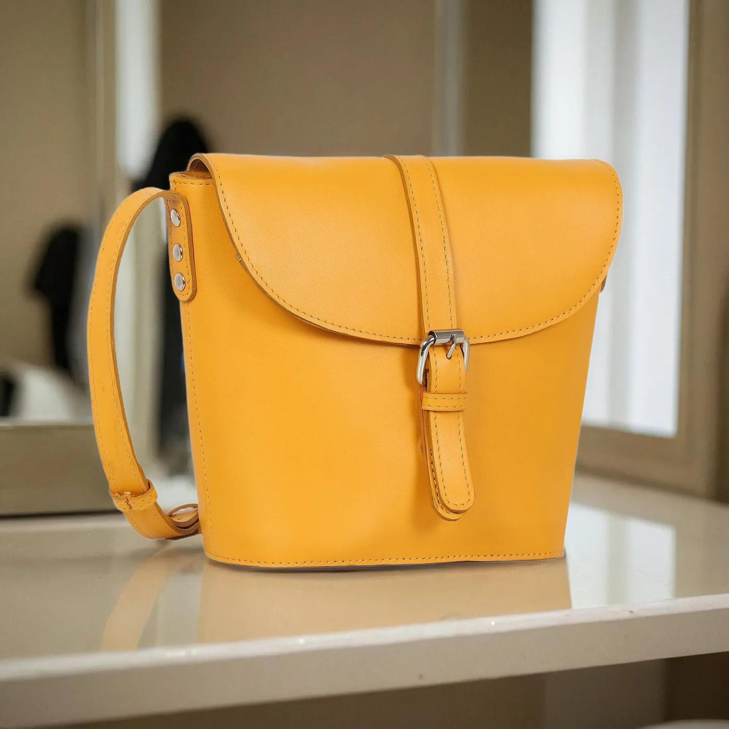 Omax Yellow Solid Genuine Leather Sling Handbag for Women FL54