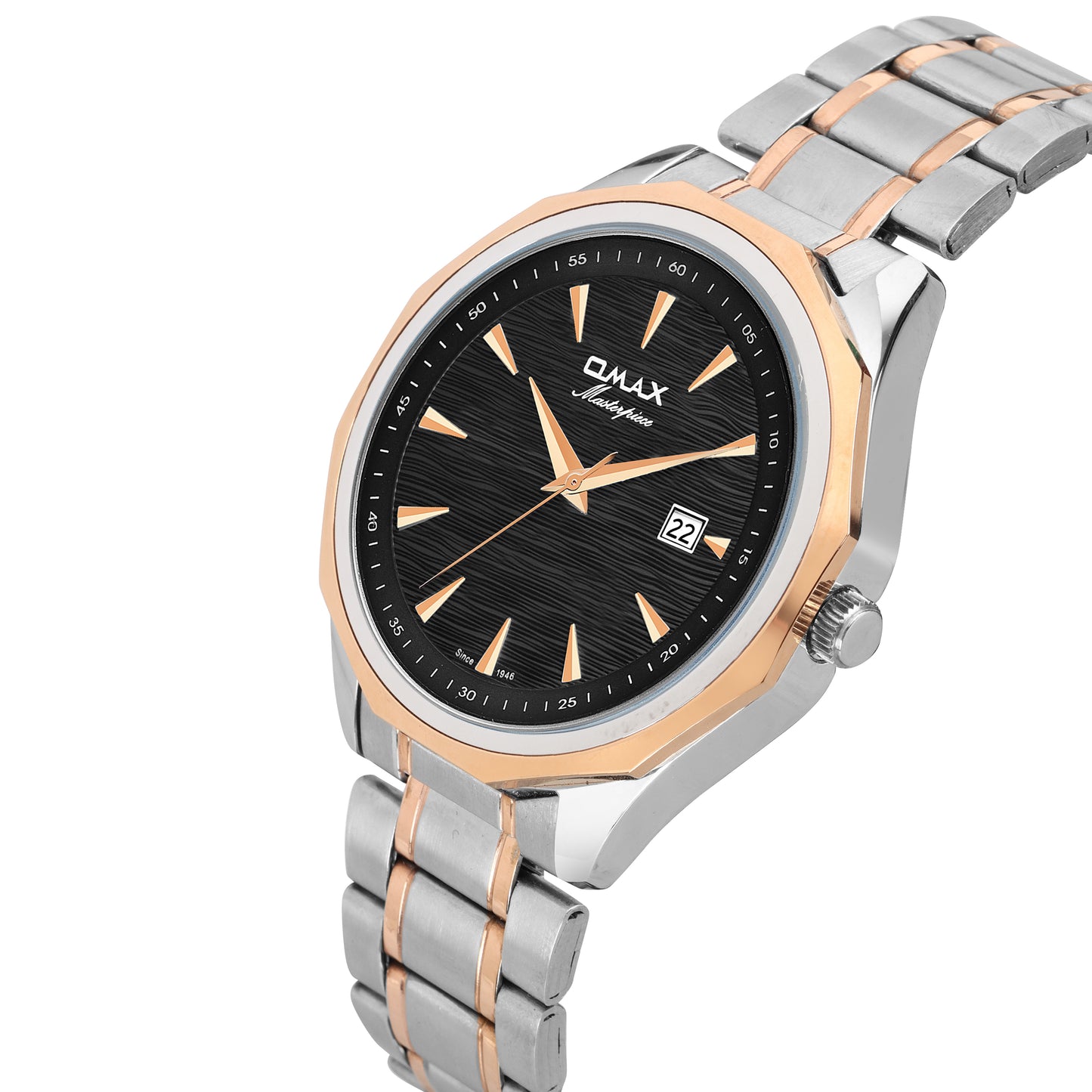 Omax Black Dial Stainless Steel Two Tone Rose Gold and Silver Chain Watch for Men-BGS440