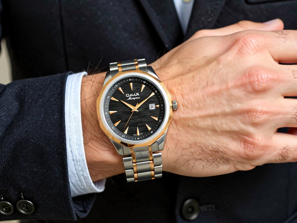 Omax Black Dial Stainless Steel Two Tone Rose Gold and Silver Chain Watch for Men-BGS440