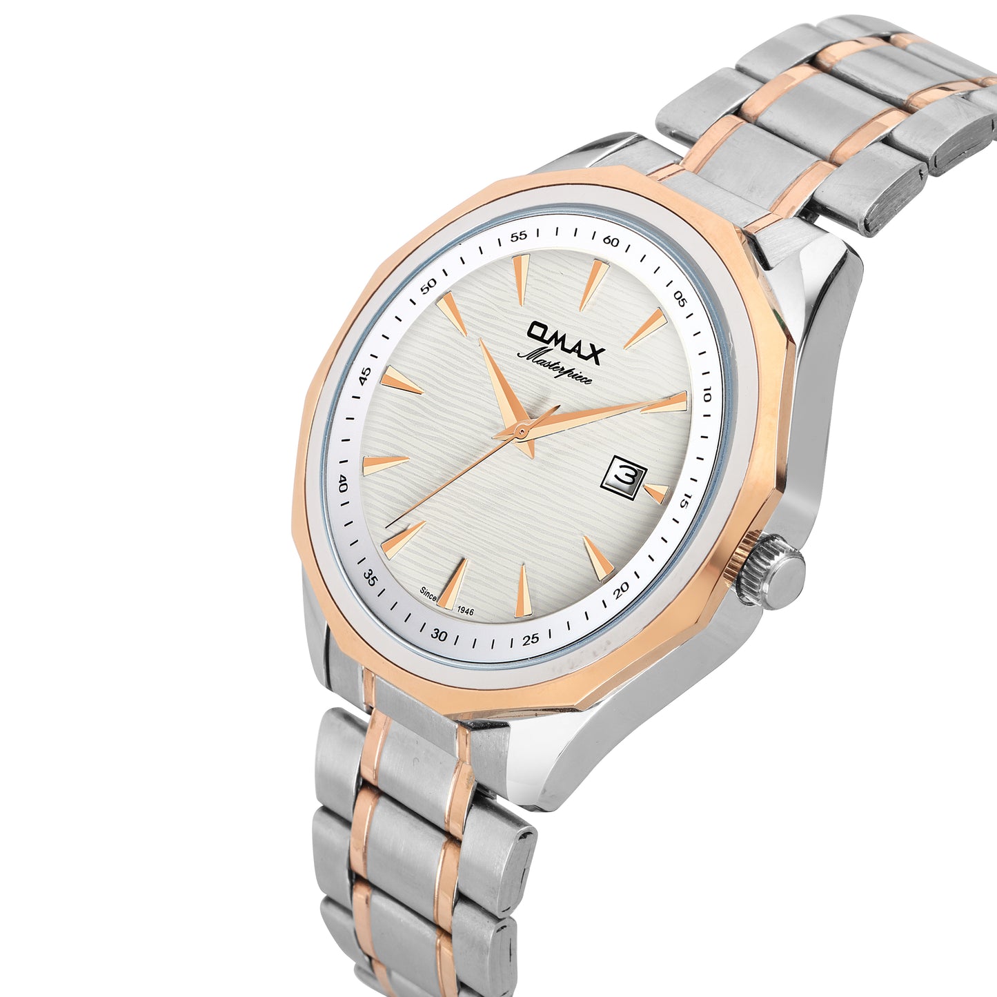 Omax White Dial Stainless Steel Two Tone Rose Gold and Silver Chain Watch for Men-BGS440