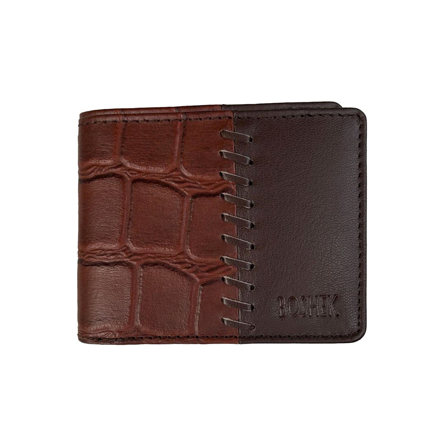 BOSHEK Dark Brown Hand Stitched Croco Pattern Leather Men's Wallet FW243