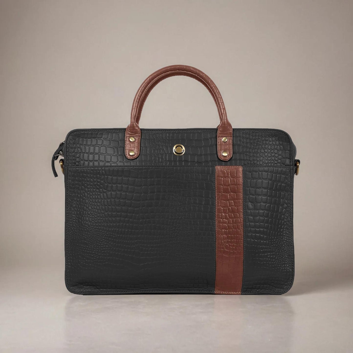 OMAX Black Contrast Mix Matching Croco Design Genuine Leather Laptop Bags for Men and Women LTHRMSN59