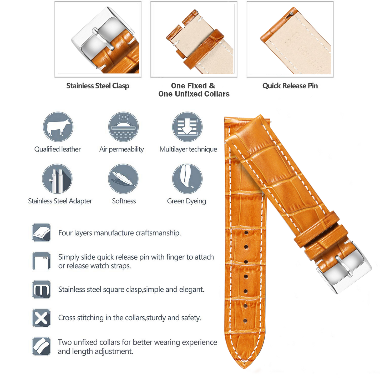 Boshek Tan Genuine Leather Croco Design Watch Strap. Golden Buckle Quick Release and Self Changeable FS354