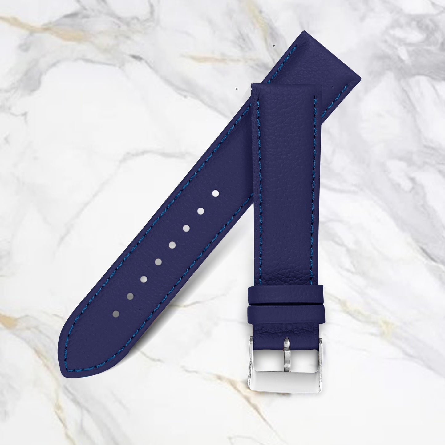 Boshek Royal Blue Color Plain Contrast Stitched Semi Padded Genuine Leather Watch Strap FS323. Silver buckle Quick Release and Self Changeable - 22mm