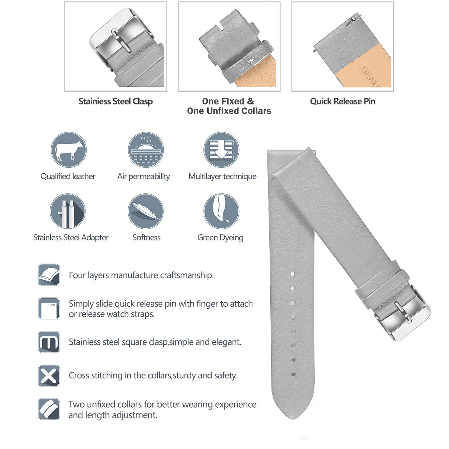 Boshek Beige Genuine Leather Plain Stitch Less Design Unisex Watch Strap. SIlver Buckle Quick Release and Self Changeable FS319-BE-22-S