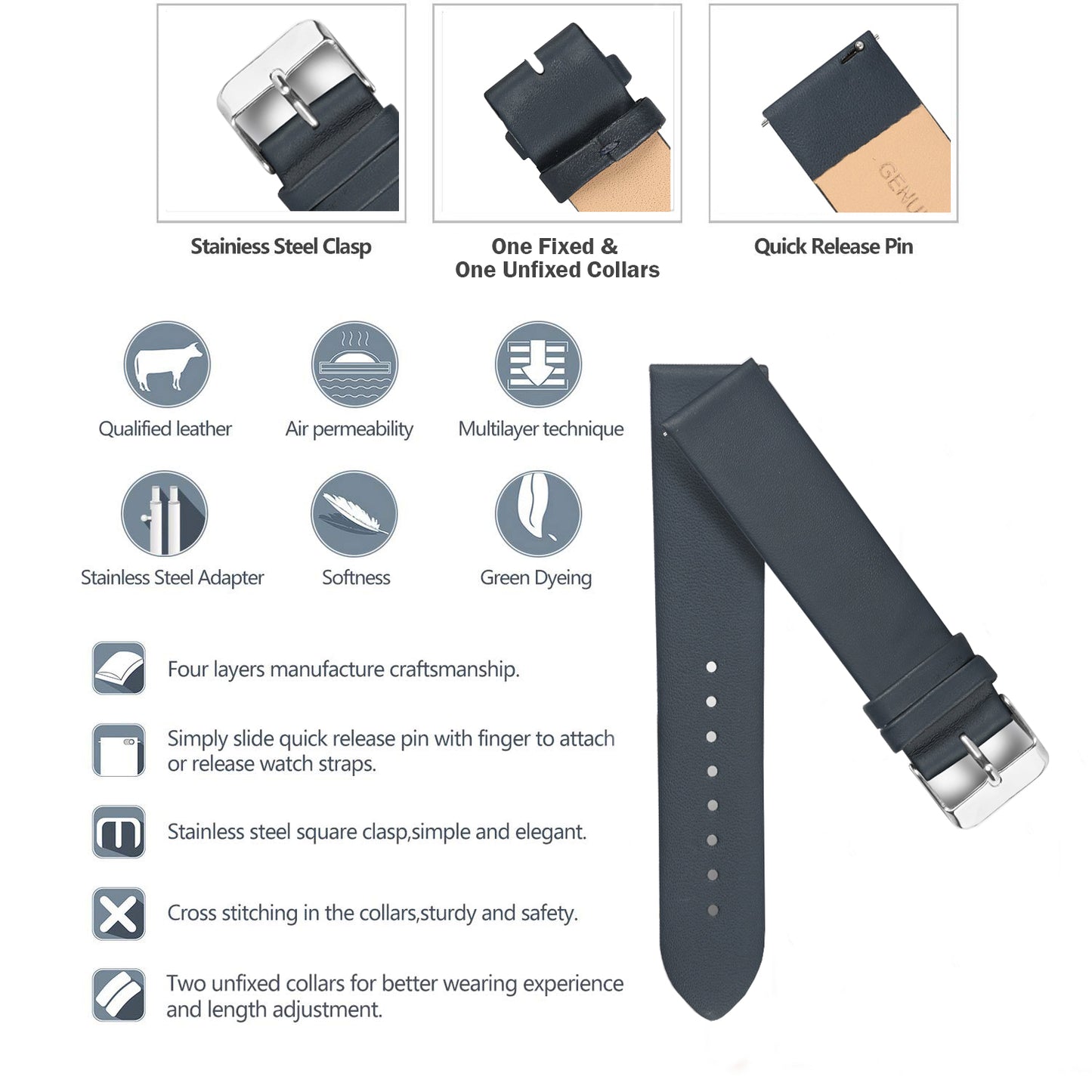 Boshek Blue Color Plain Genuine Leather Watch Strap FS375. Silver buckle Quick Release and Self Changeable