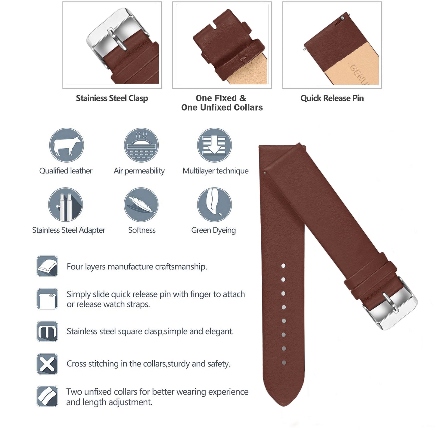 Boshek Brown Genuine Leather Plain Stitch Less Design Unisex Watch Strap. SIlver Buckle Quick Release and Self Changeable FS319