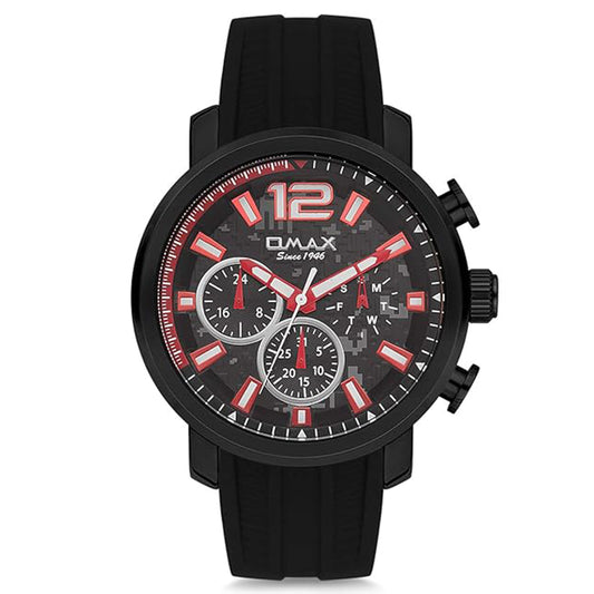 A black Omax watch with a black silicone strap and a black dial featuring red and white chronograph hands and text.