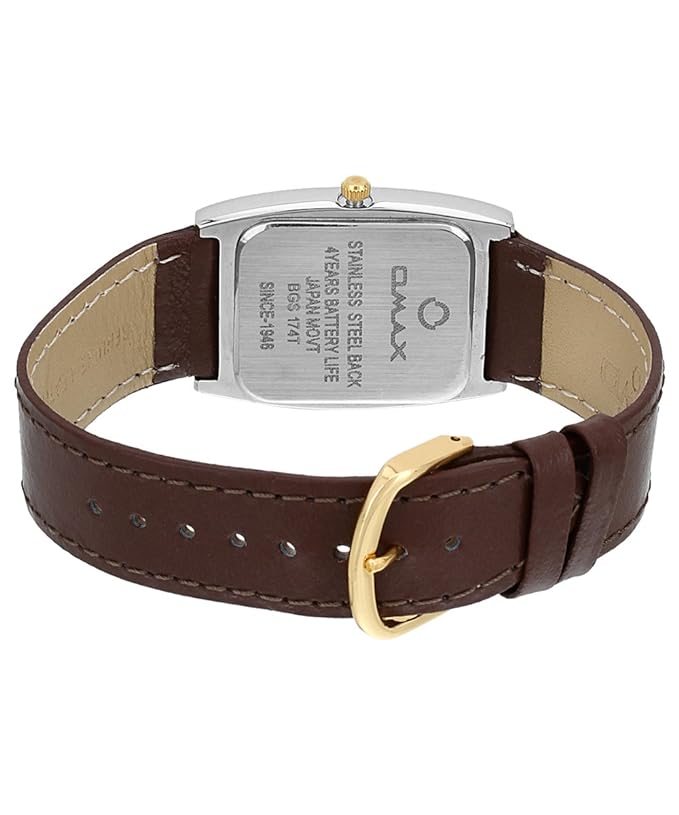 Omax Silver Rectangle Dial with Brown Genuine Leather Strap Date Display Watch for Men BGS174TA001