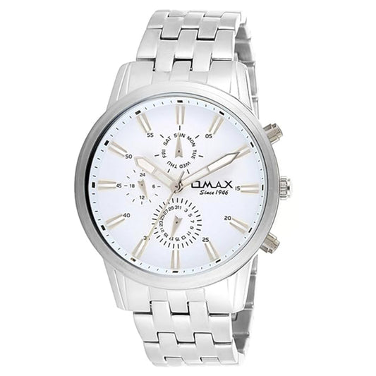 Omax White Dial Chronograph Display Silver Stainless Steel Watch for Men SS408