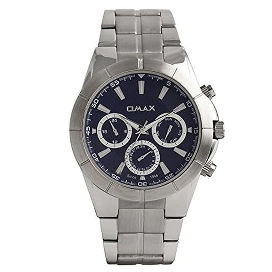 Omax Big Blue Dial Multifunction Strong Stainless Steel Silver Color Bracelet Chain Day Date and Month Heavy Duty Watch for men-SS601