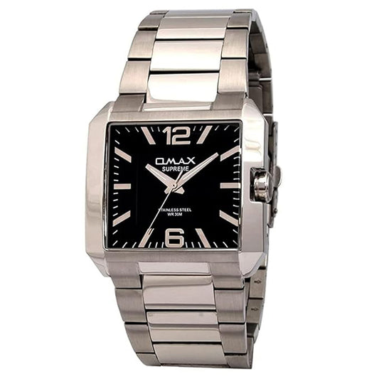 Omax Black Square Dial Stainless Steel Silver Band watch for Men SS297
