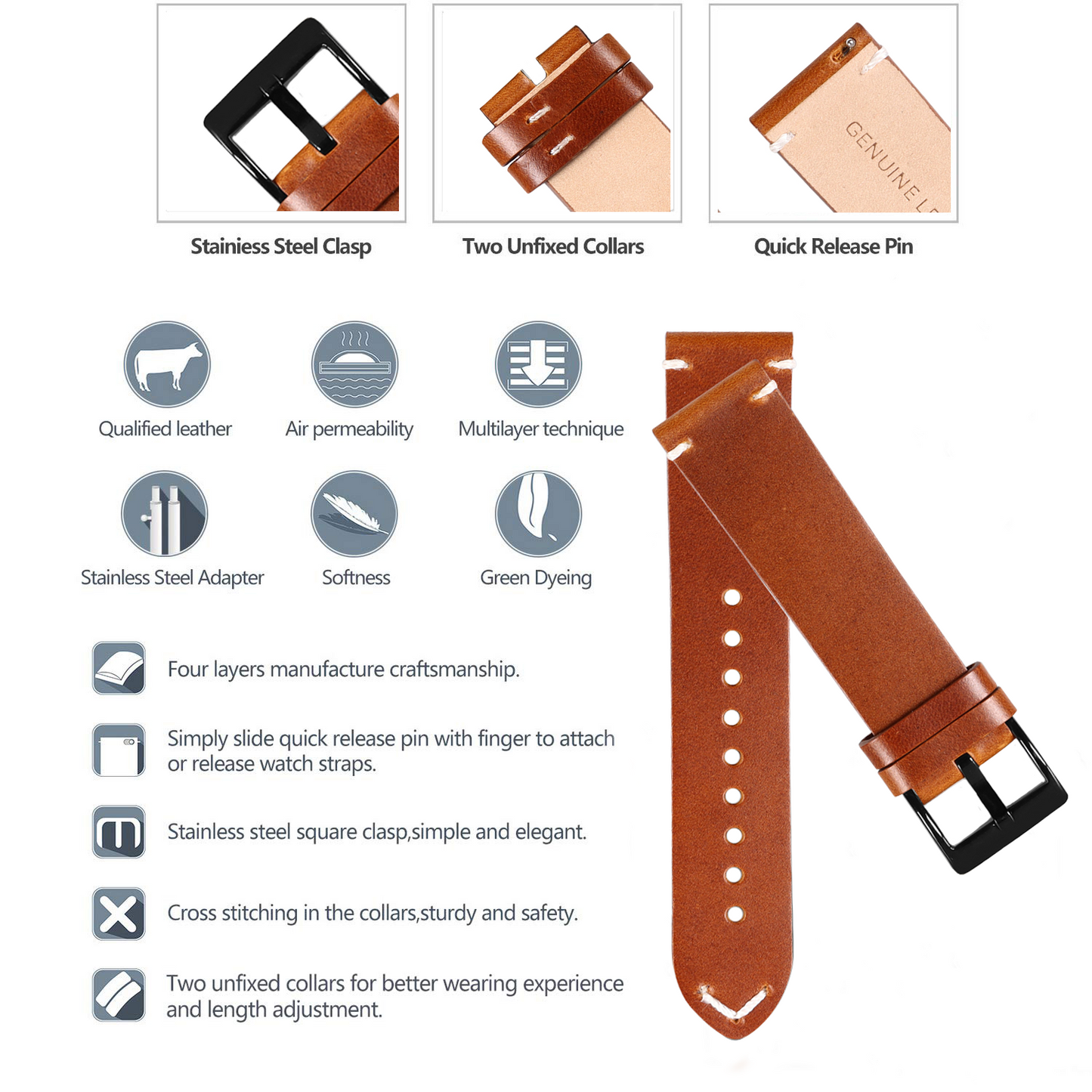 OMAX Genuine Leather Watch Strap Premium Oil Pullup Watch Strap for Quick Release and Self Changeable (Black Buckle)