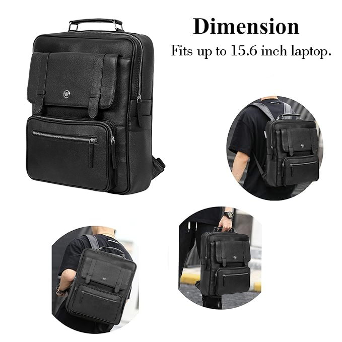Omax Black Full Grain Genuine Leather Office Backpack for Men, 15.6 Inch Professional Laptop Bag with Adjustable Straps and Multiple Compartments FT64