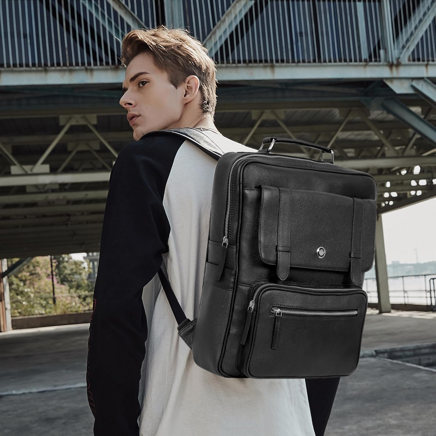 Omax Black Full Grain Genuine Leather Office Backpack for Men, 15.6 Inch Professional Laptop Bag with Adjustable Straps and Multiple Compartments FT64